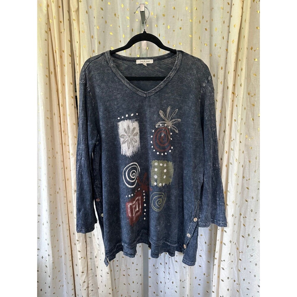 Jess & Jane 100% Cotton Boho Art To Wear Painted Floral Mineral Wash Tunic XL